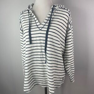 Chaps Womens 1X Striped‎ Terry Hoodie Navy Blue White V-Neck Pullover